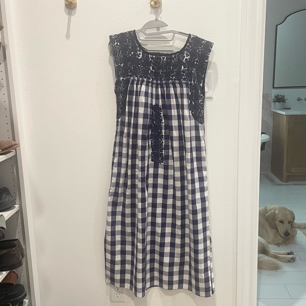 Mi Golondrina Navy and White Gingham Midi dress